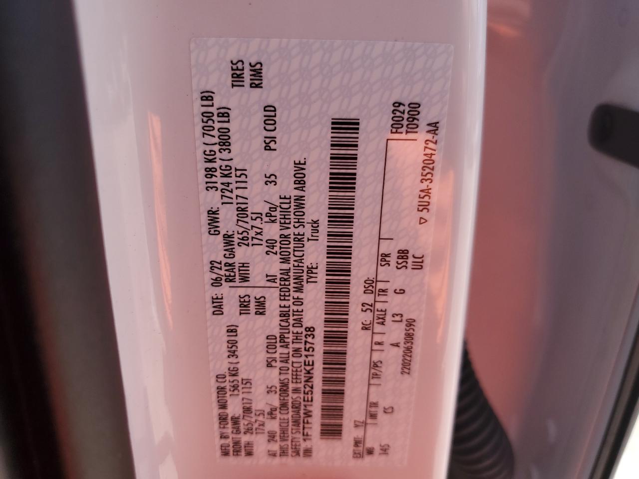 2022 Ford F150 Supercrew VIN: 1FTFW1E52NKE15738 Lot: 67258334