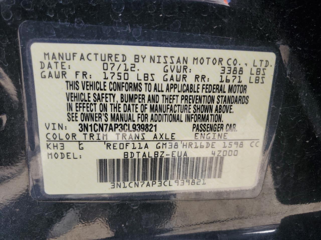 3N1CN7AP3CL939821 2012 Nissan Versa S