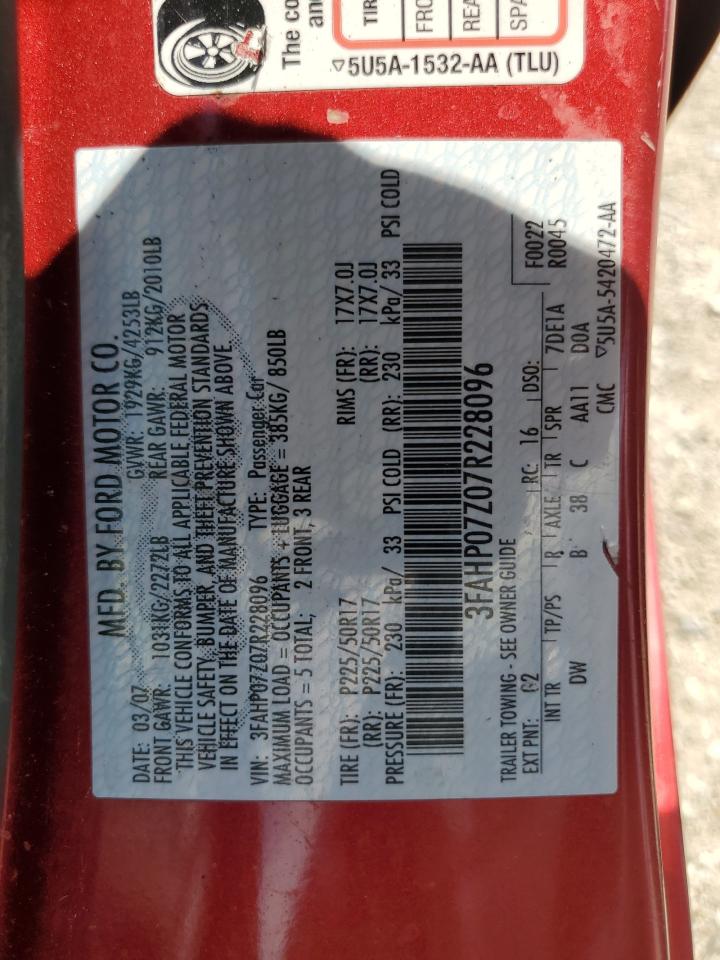 2007 Ford Fusion Se VIN: 3FAHP07Z07R228096 Lot: 66783384