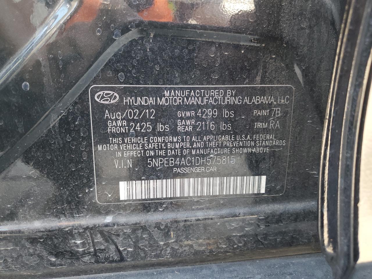 2013 Hyundai Sonata Gls VIN: 5NPEB4AC1DH575815 Lot: 65837004