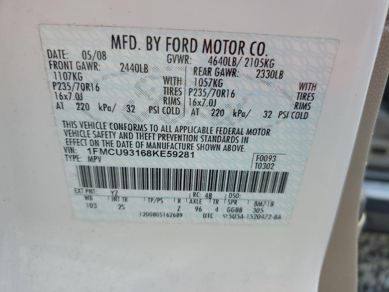 1FMCU93168KE59281 2008 Ford Escape Xlt