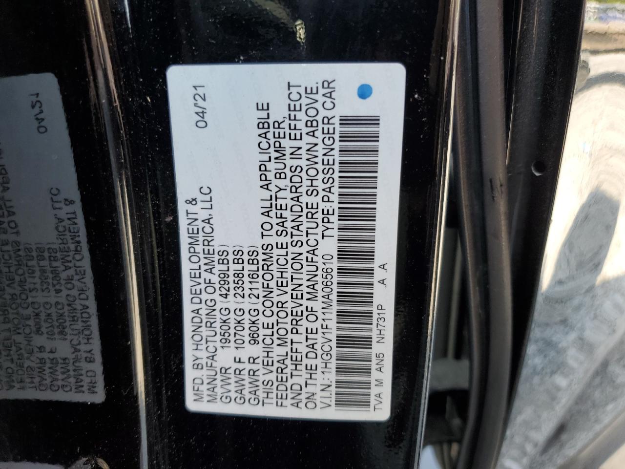 2021 Honda Accord Lx VIN: 1HGCV1F11MA065610 Lot: 69239014