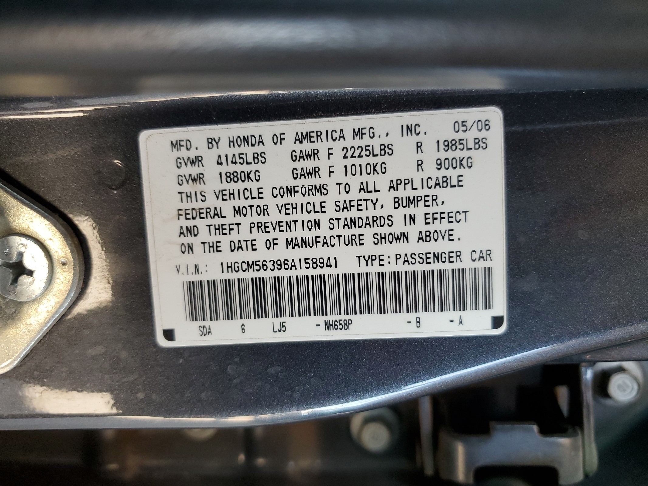 1HGCM56396A158941 2006 Honda Accord Se