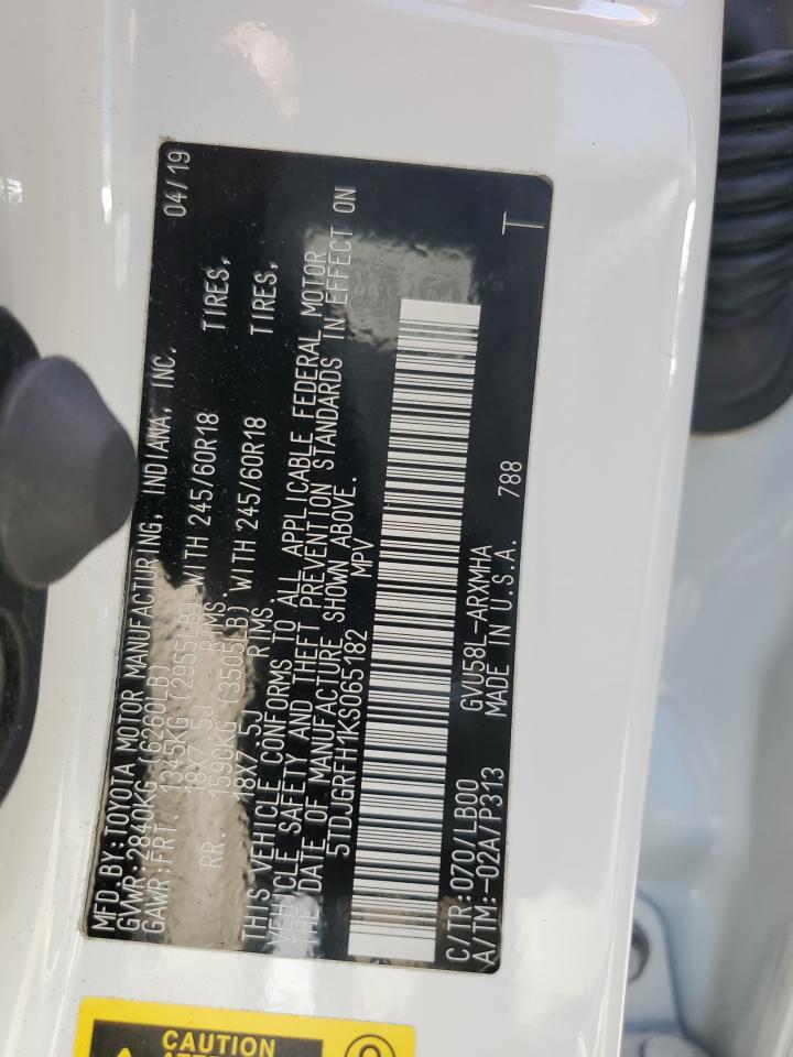 2019 Toyota Highlander Hybrid VIN: 5TDJGRFH1KS065182 Lot: 65056334