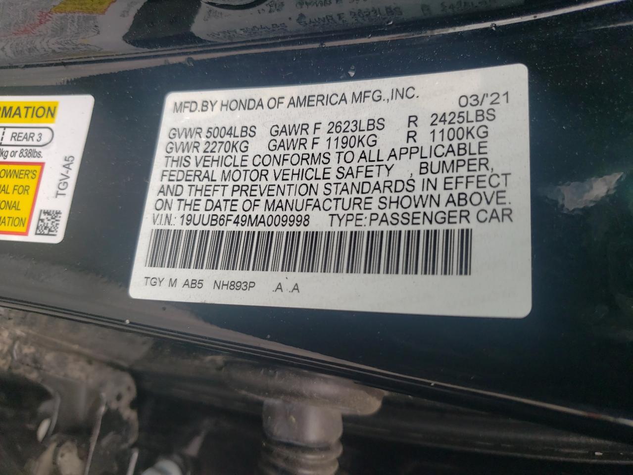 19UUB6F49MA009998 2021 Acura Tlx Technology