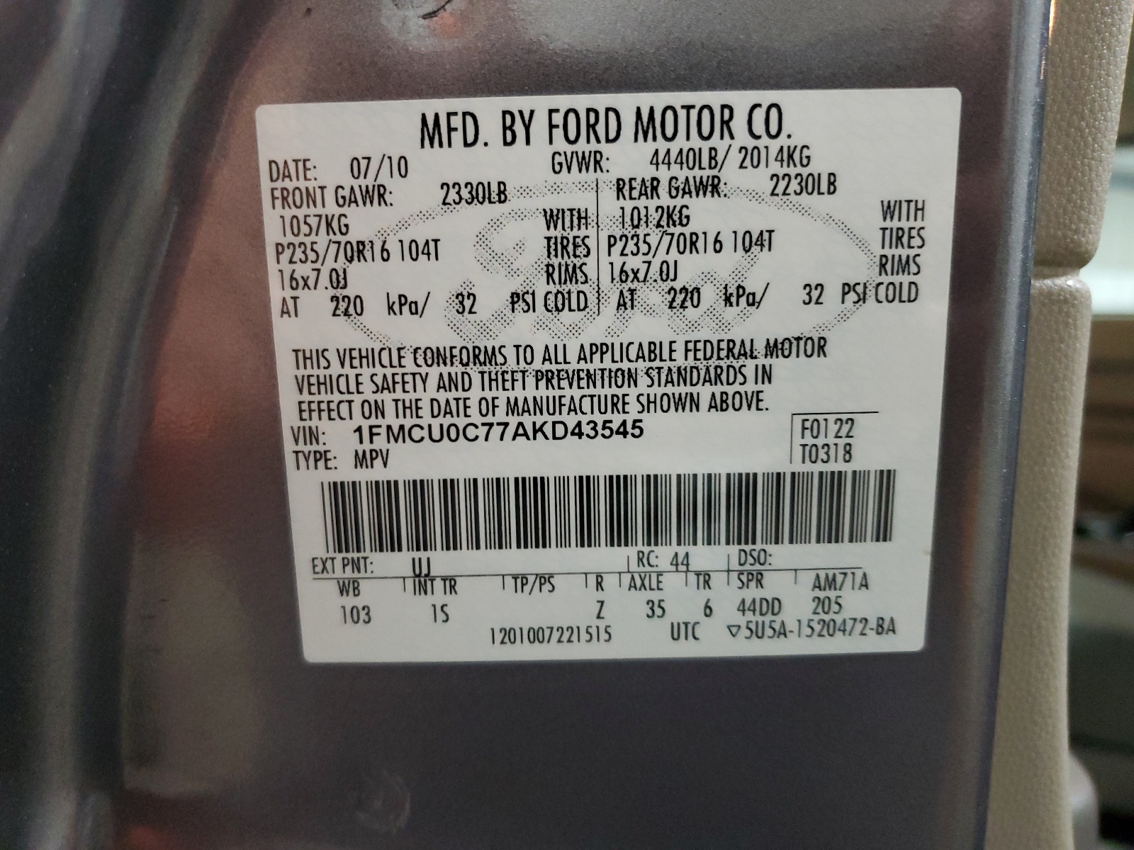 1FMCU0C77AKD43545 2010 Ford Escape Xls