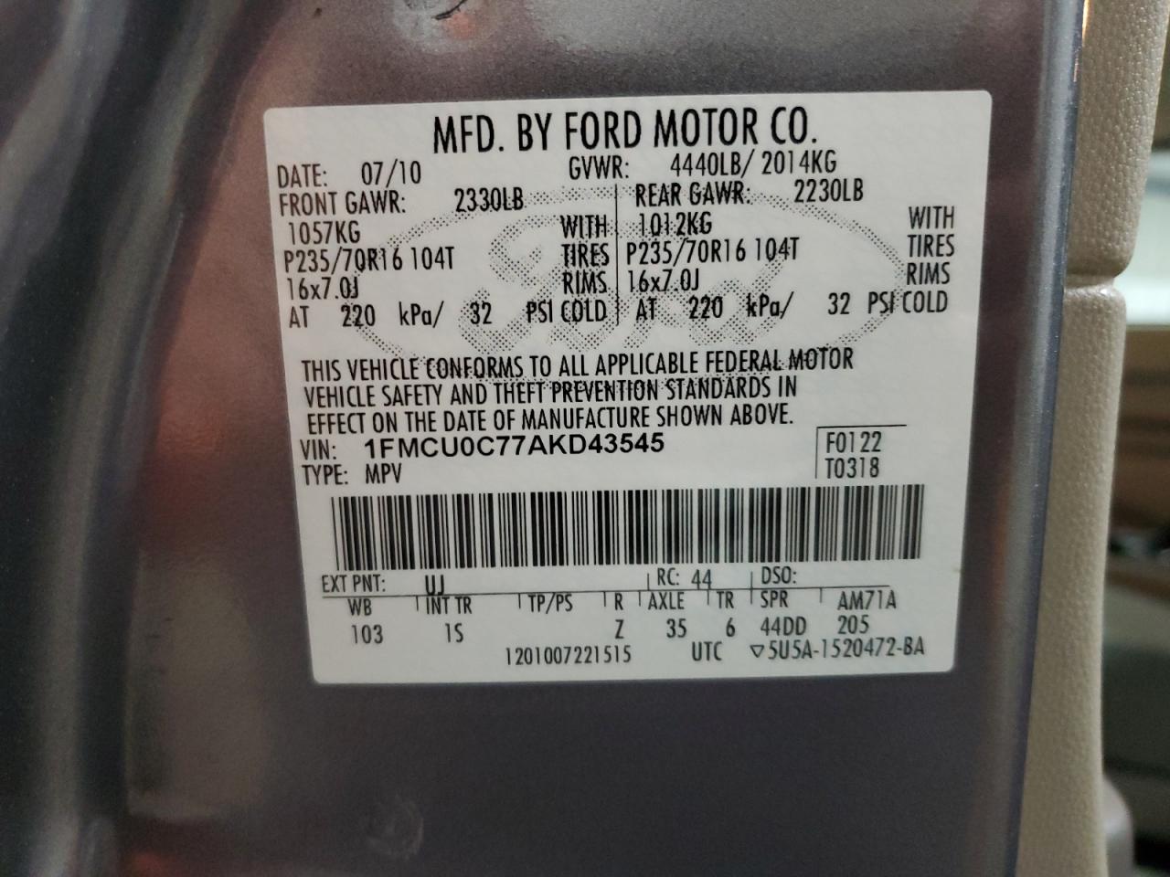 2010 Ford Escape Xls VIN: 1FMCU0C77AKD43545 Lot: 66019834