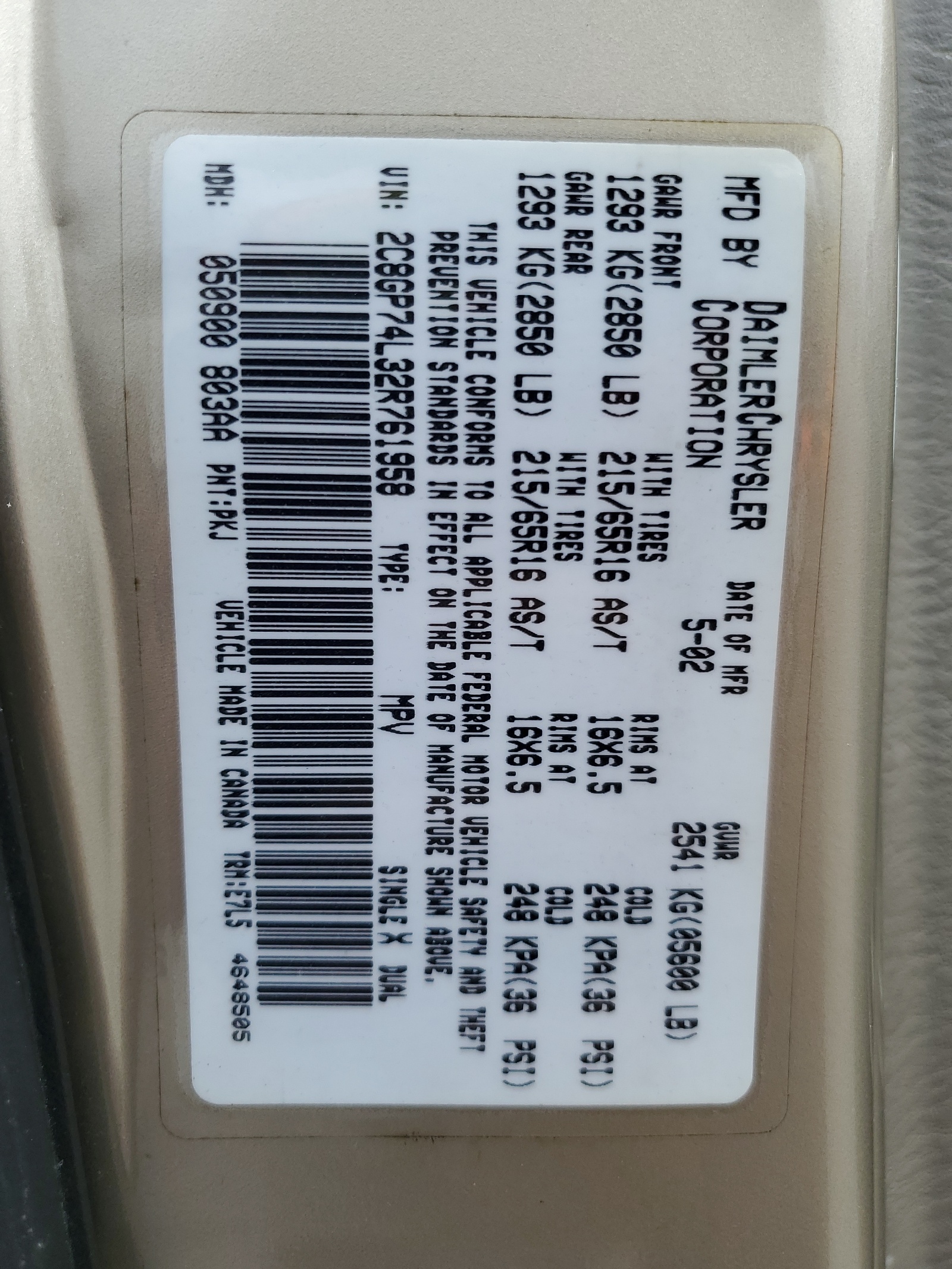 2C8GP74L32R761958 2002 Chrysler Town & Country Ex