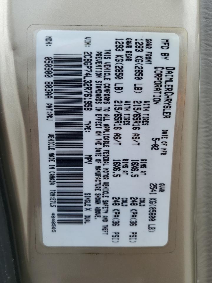 2002 Chrysler Town & Country Ex VIN: 2C8GP74L32R761958 Lot: 66116744