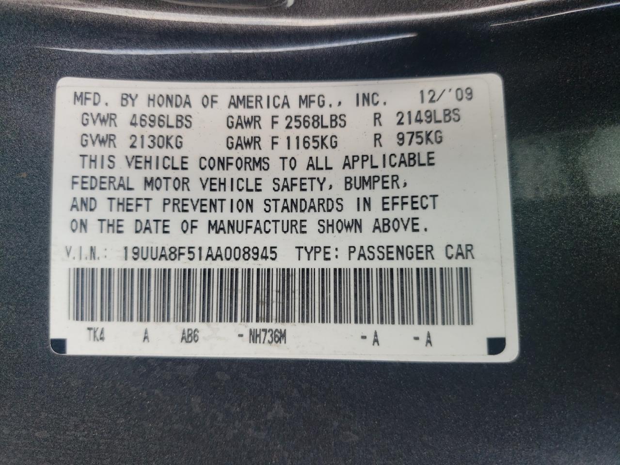 19UUA8F51AA008945 2010 Acura Tl