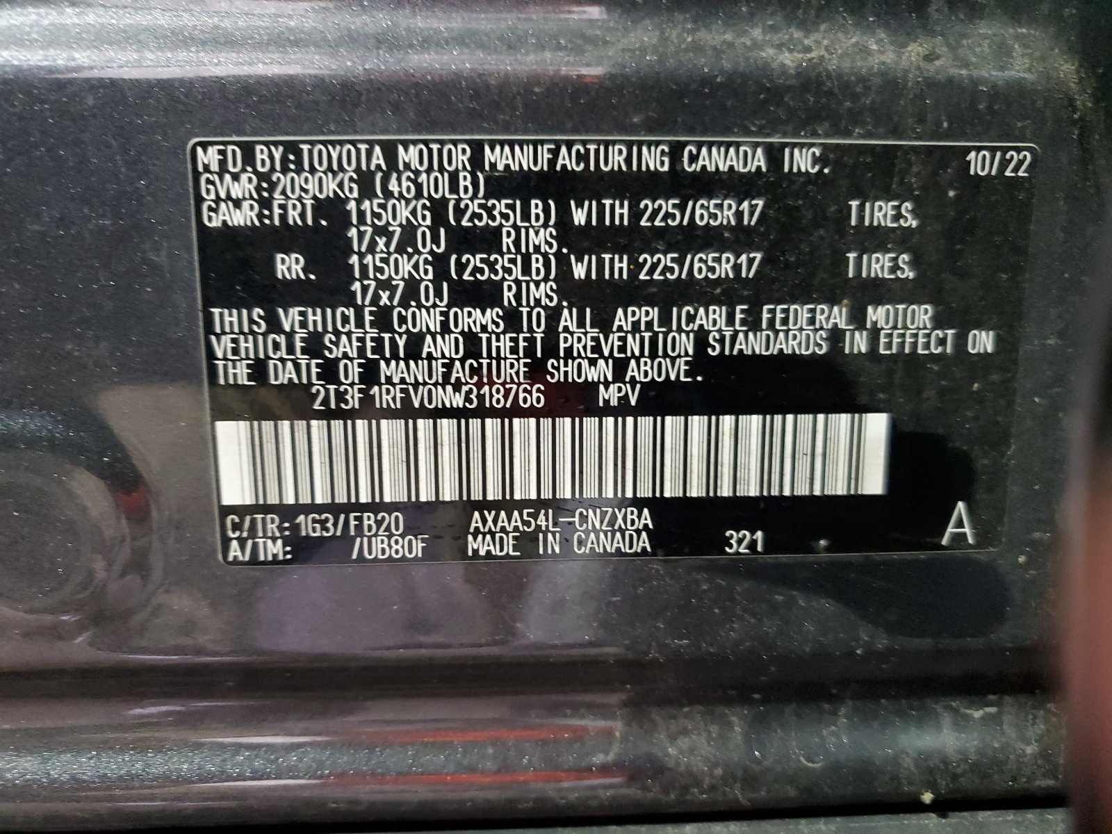 2T3F1RFV0NW318766 2022 Toyota Rav4 Le