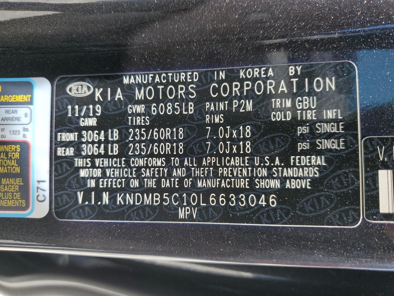 2020 Kia Sedona Lx VIN: KNDMB5C10L6633046 Lot: 66416434