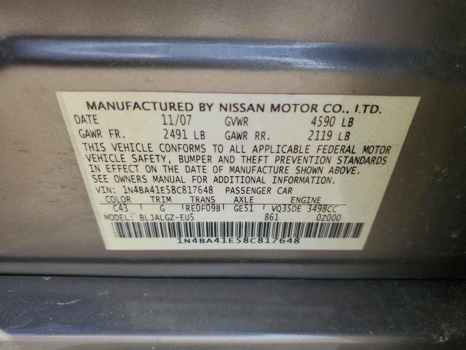 1N4BA41E58C817648 2008 Nissan Maxima Se