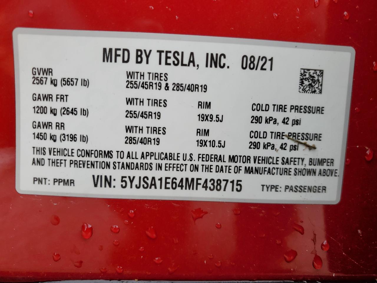 2021 Tesla Model S VIN: 5YJSA1E64MF438715 Lot: 65851354