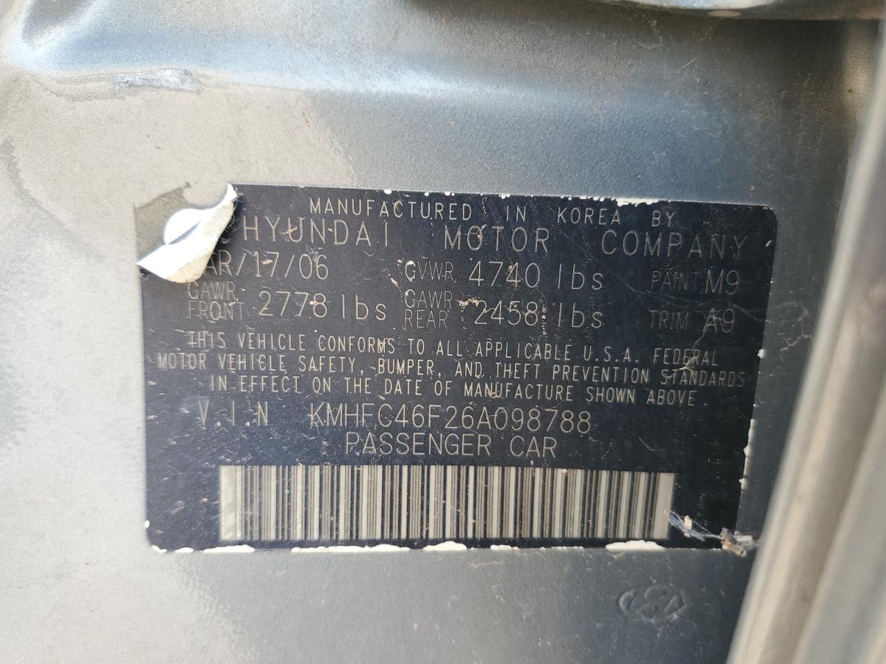 KMHFC46F26A098788 2006 Hyundai Azera Se