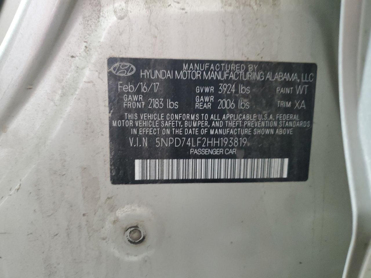 2017 Hyundai Elantra Se VIN: 5NPD74LF2HH193819 Lot: 65703004