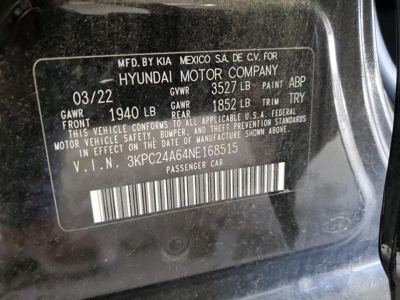 3KPC24A64NE168515 2022 Hyundai Accent Se