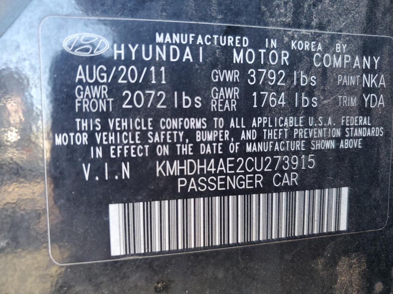 KMHDH4AE2CU273915 2012 Hyundai Elantra Gls