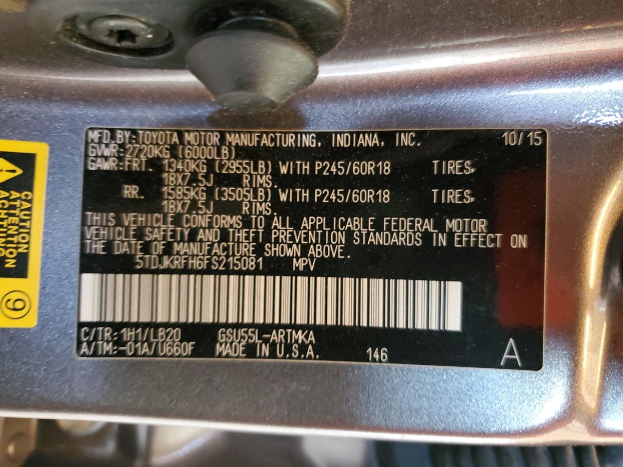 2015 Toyota Highlander Xle VIN: 5TDJKRFH6FS215081 Lot: 66428204