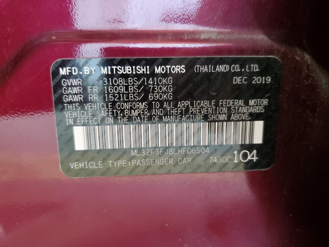 2020 Mitsubishi Mirage G4 Es VIN: ML32F3FJ8LHF06504 Lot: 68160654