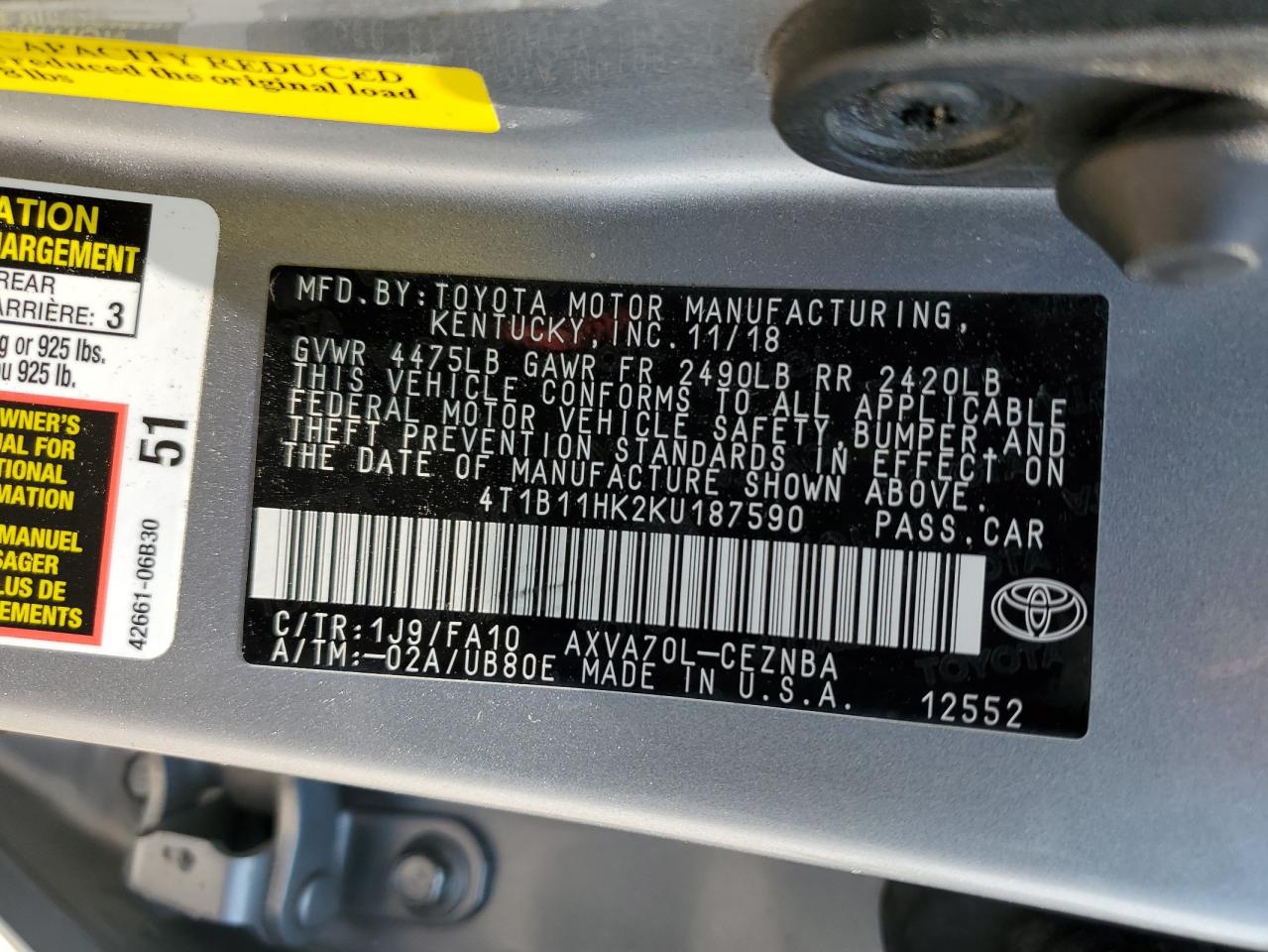 4T1B11HK2KU187590 2019 Toyota Camry L