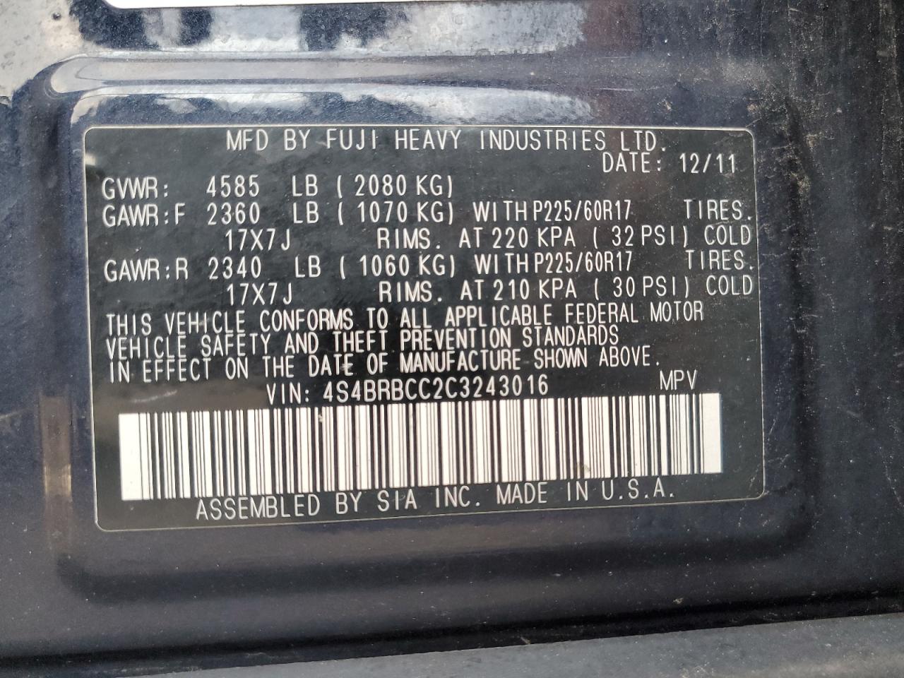 2012 Subaru Outback 2.5I Premium VIN: 4S4BRBCC2C3243016 Lot: 67286574