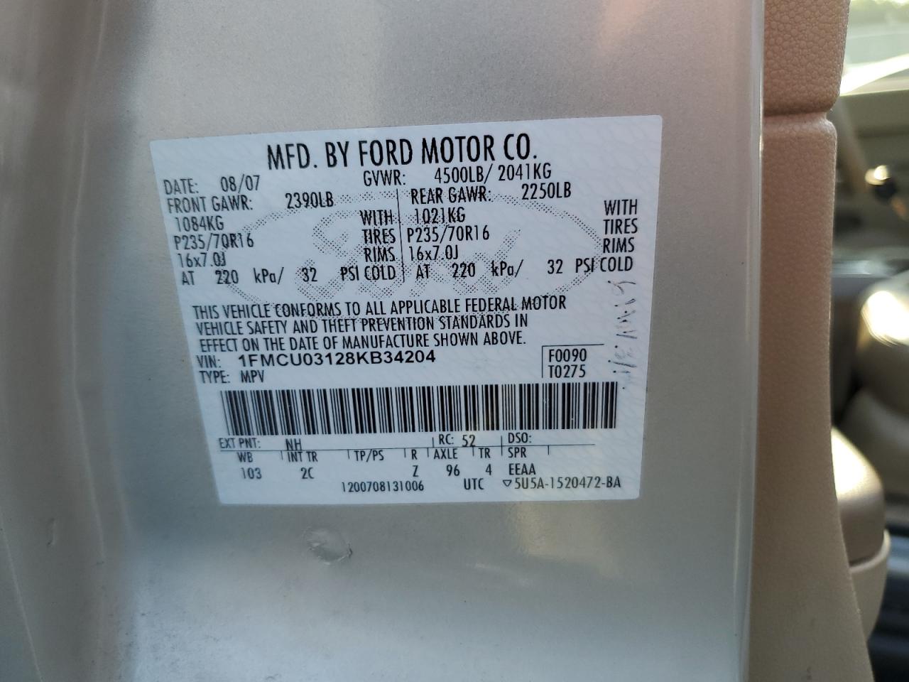 1FMCU03128KB34204 2008 Ford Escape Xlt