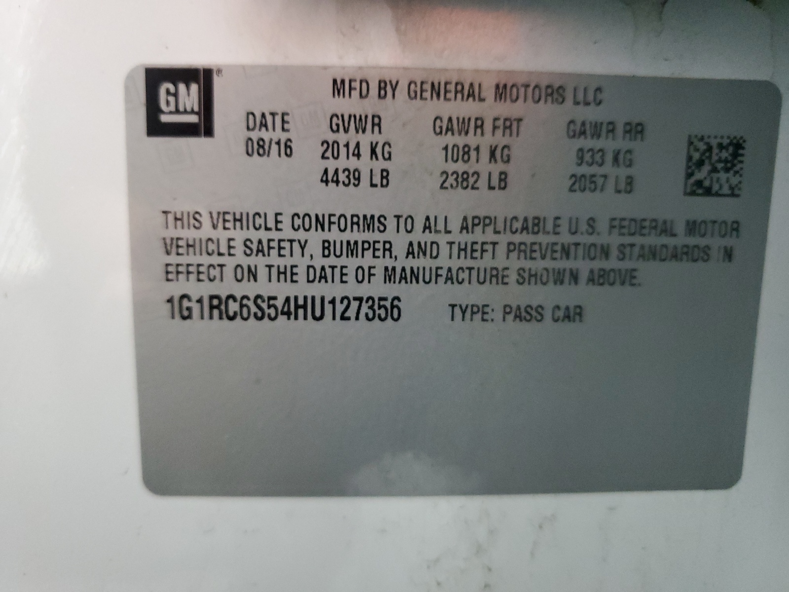 1G1RC6S54HU127356 2017 Chevrolet Volt Lt