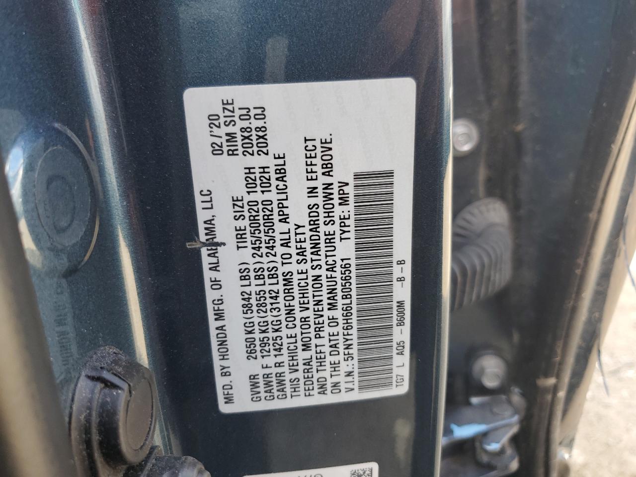 5FNYF6H66LB056561 2020 Honda Pilot Touring