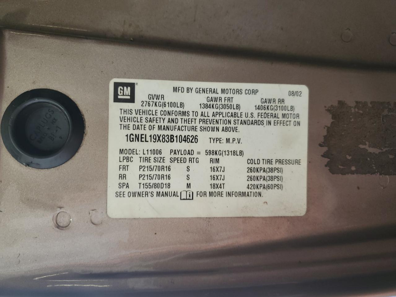 2003 Chevrolet Astro VIN: 1GNEL19X83B104626 Lot: 65039264