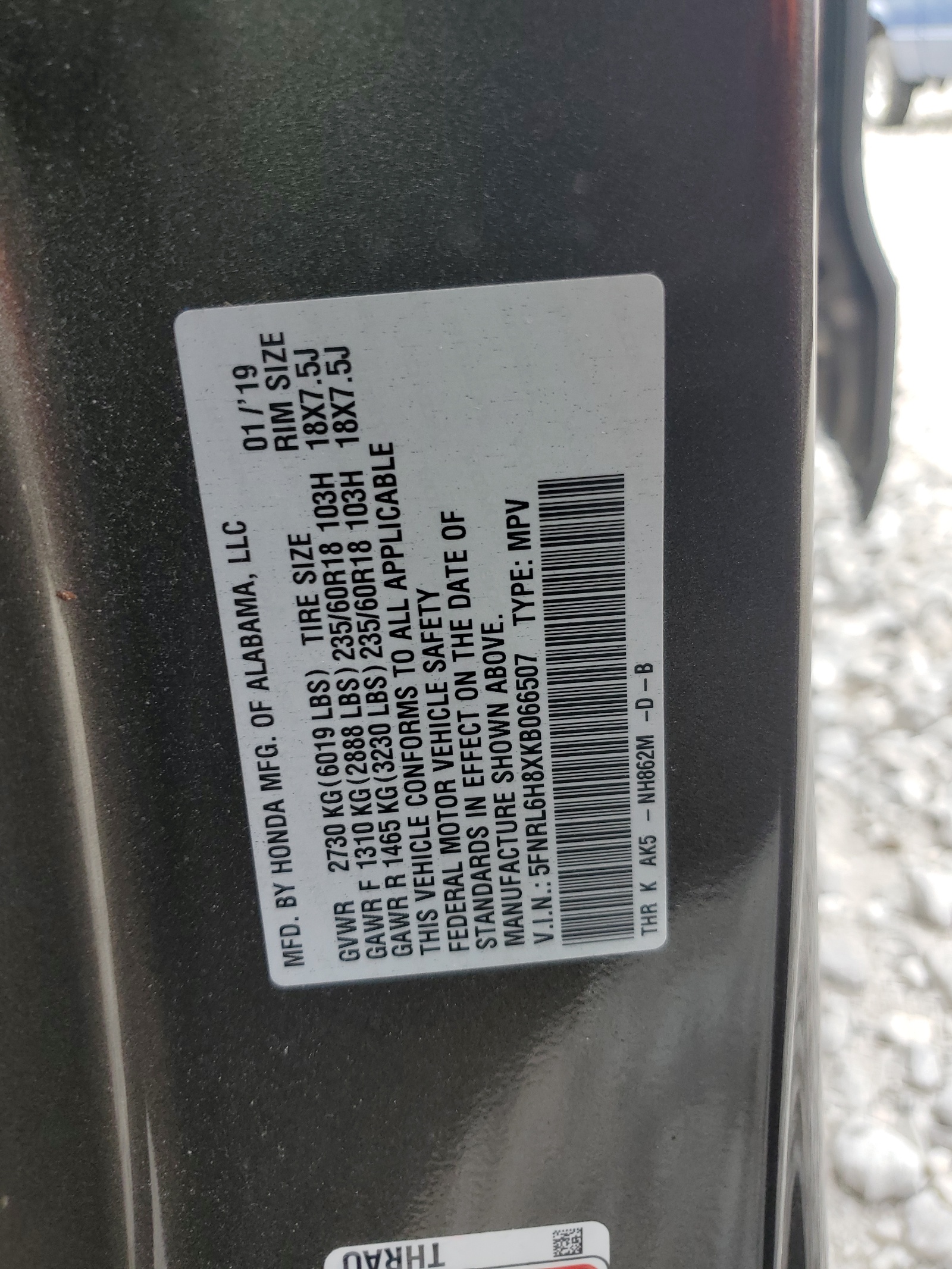 5FNRL6H8XKB066507 2019 Honda Odyssey Touring