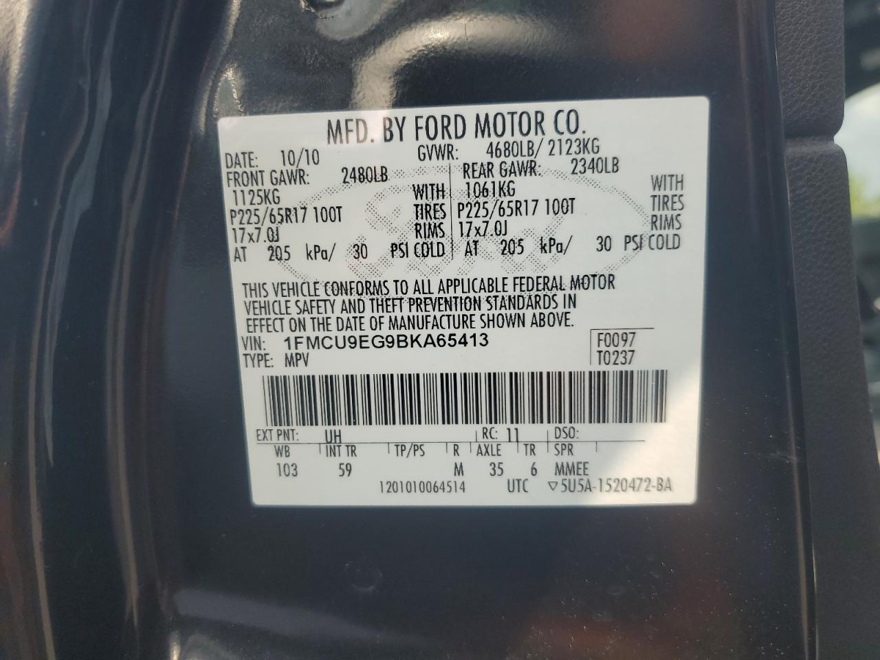 2011 Ford Escape Limited VIN: 1FMCU9EG9BKA65413 Lot: 67675494