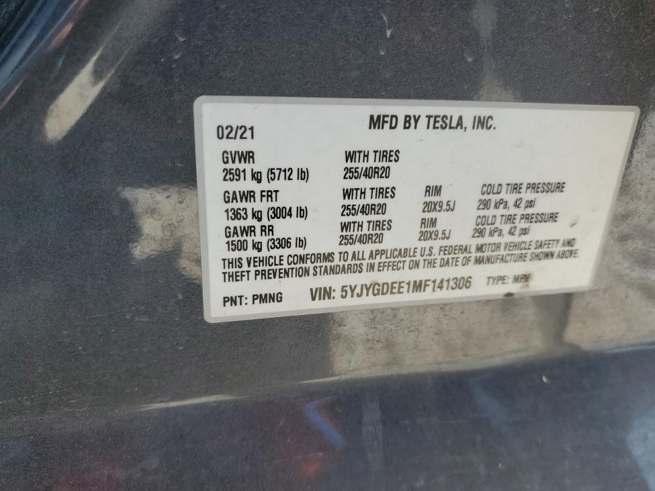 5YJYGDEE1MF141306 2021 Tesla Model Y