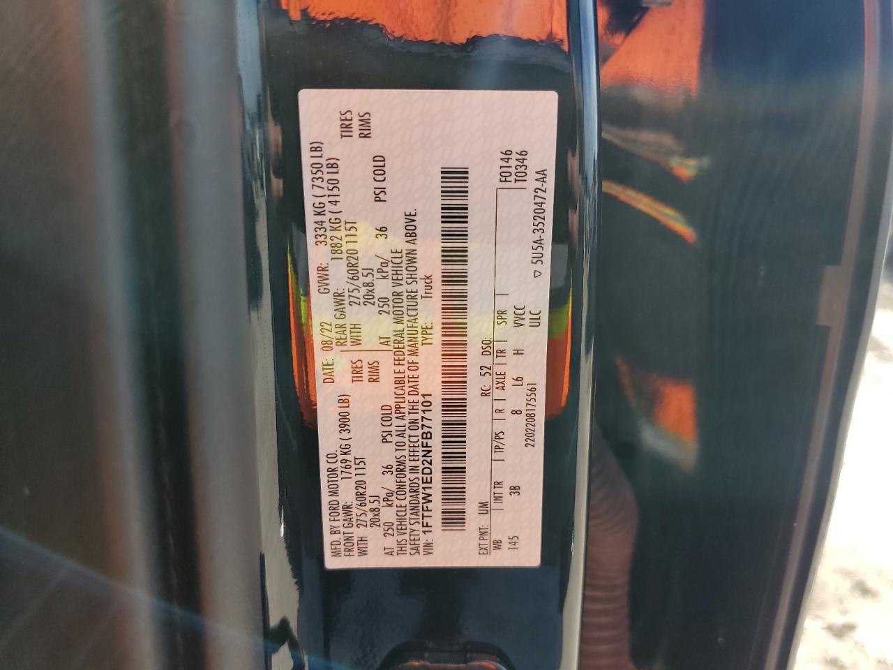 2022 Ford F150 Supercrew VIN: 1FTFW1ED2NFB77101 Lot: 69235614