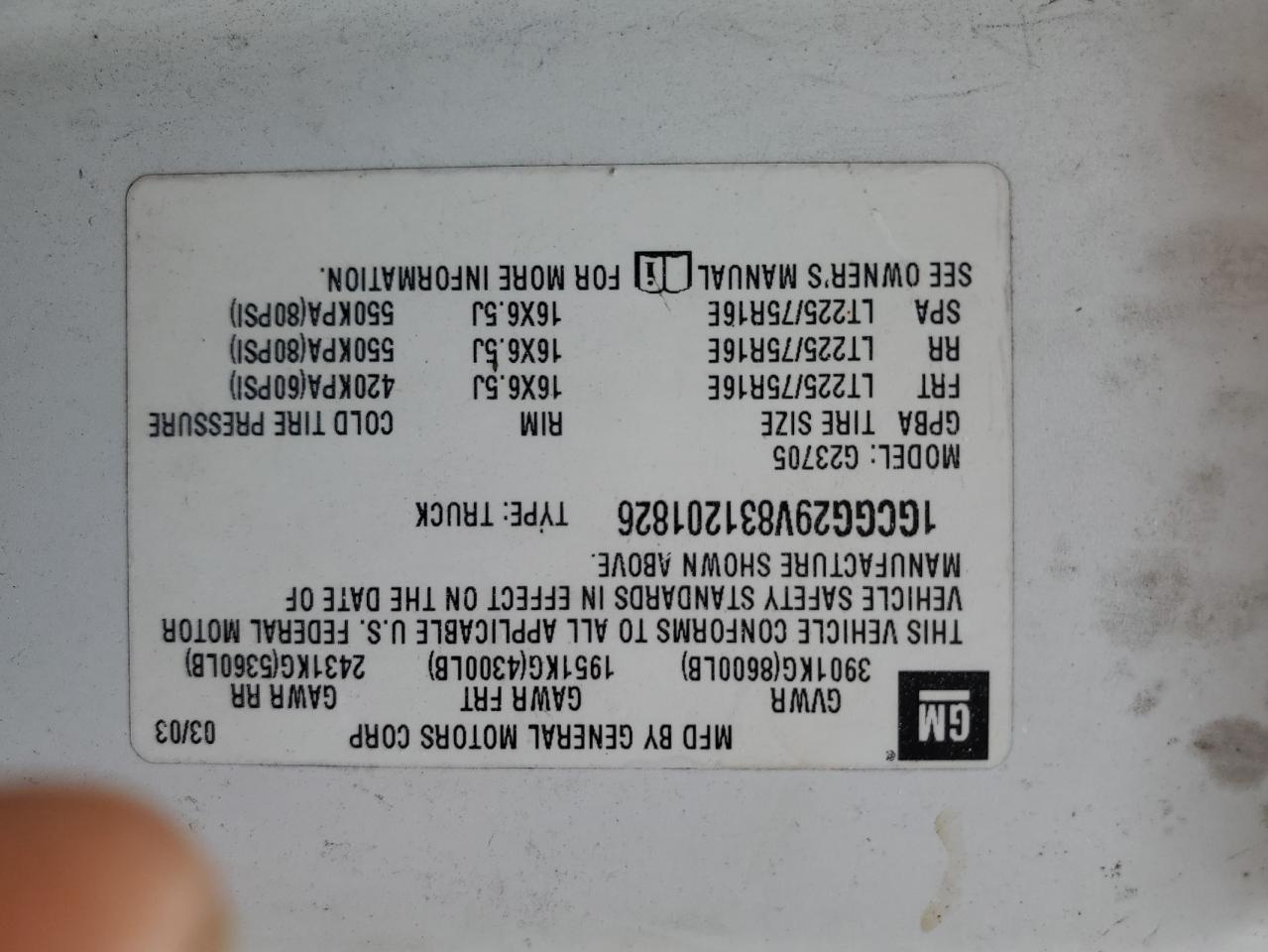 2003 Chevrolet Express G2500 VIN: 1GCGG29V831201826 Lot: 65986714