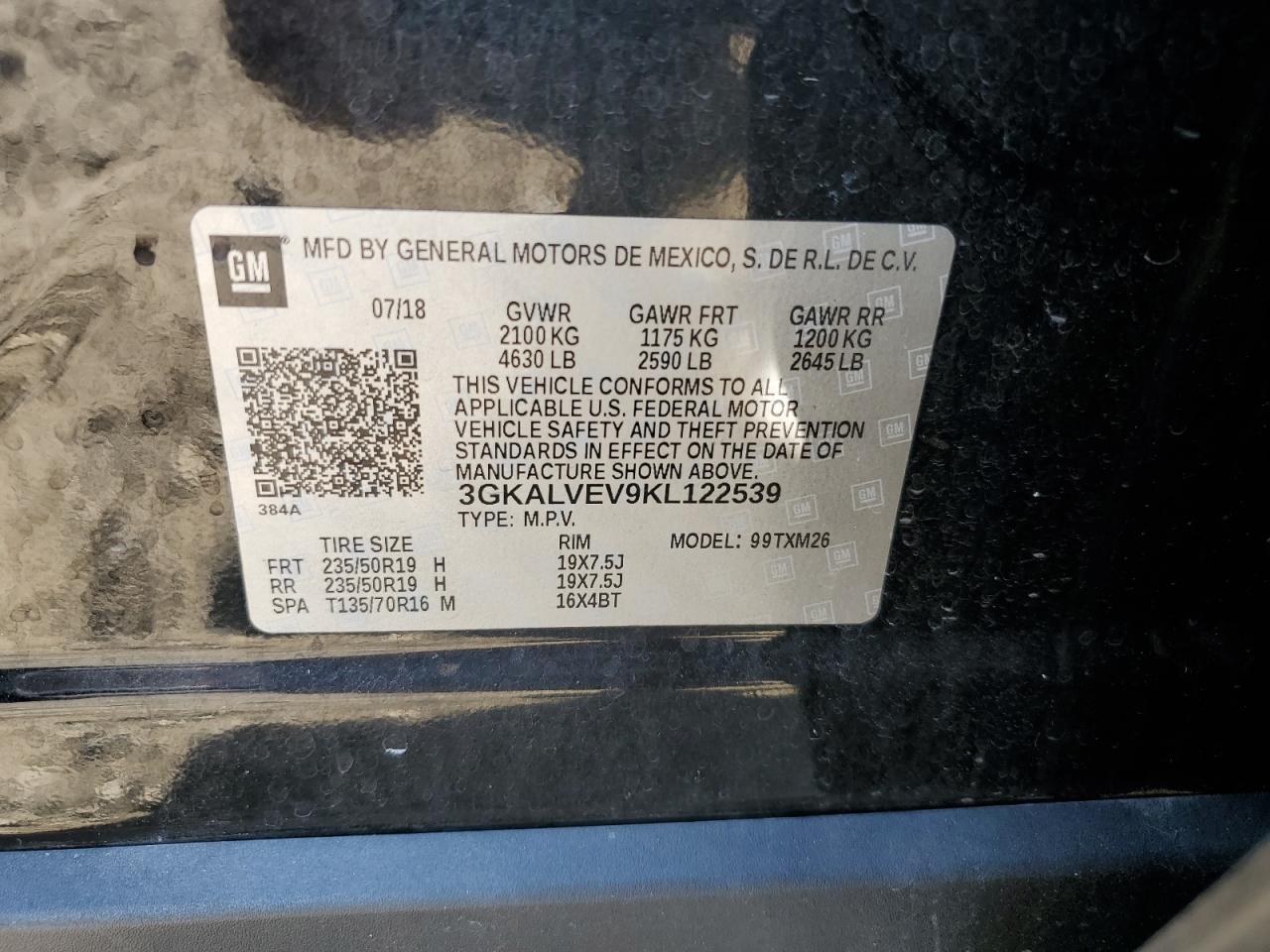 2019 GMC Terrain Slt VIN: 3GKALVEV9KL122539 Lot: 67754004