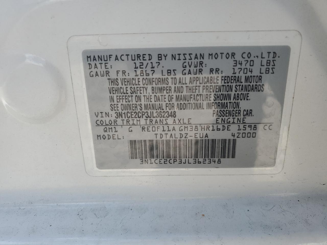 3N1CE2CP3JL362348 2018 Nissan Versa Note S