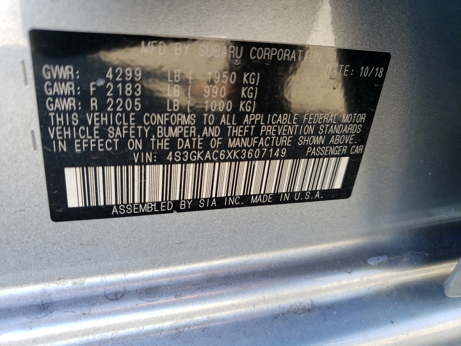 4S3GKAC6XK3607149 2019 Subaru Impreza Premium