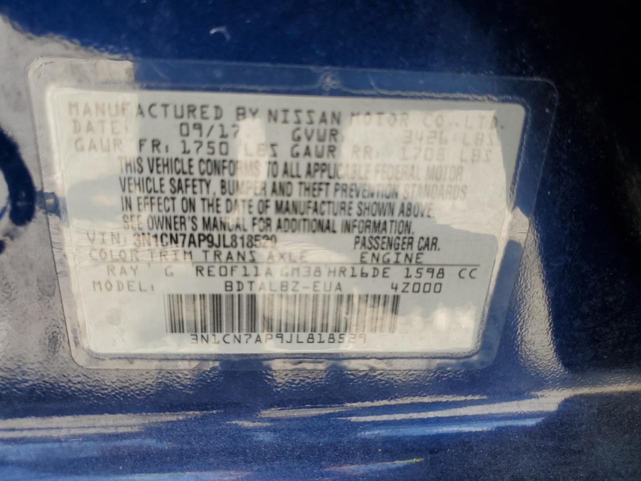 3N1CN7AP9JL818529 2018 Nissan Versa S