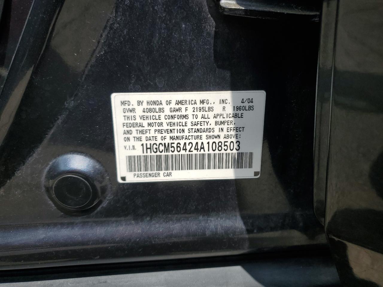 2004 Honda Accord Lx VIN: 1HGCM56424A108503 Lot: 66162224