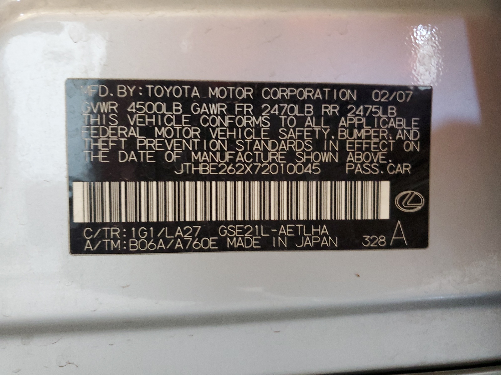 JTHBE262X72010045 2007 Lexus Is 350