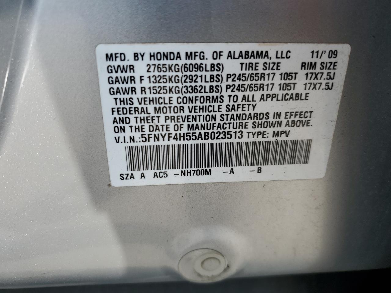 2010 Honda Pilot Exl VIN: 5FNYF4H55AB023513 Lot: 64818524