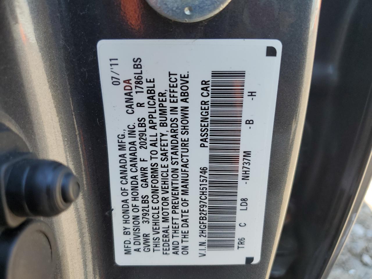 2HGFB2F97CH515746 2012 Honda Civic Exl