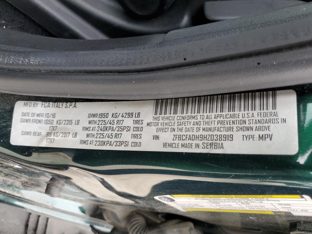 2017 Fiat 500L Trekking VIN: ZFBCFADH9HZ038919 Lot: 67121124