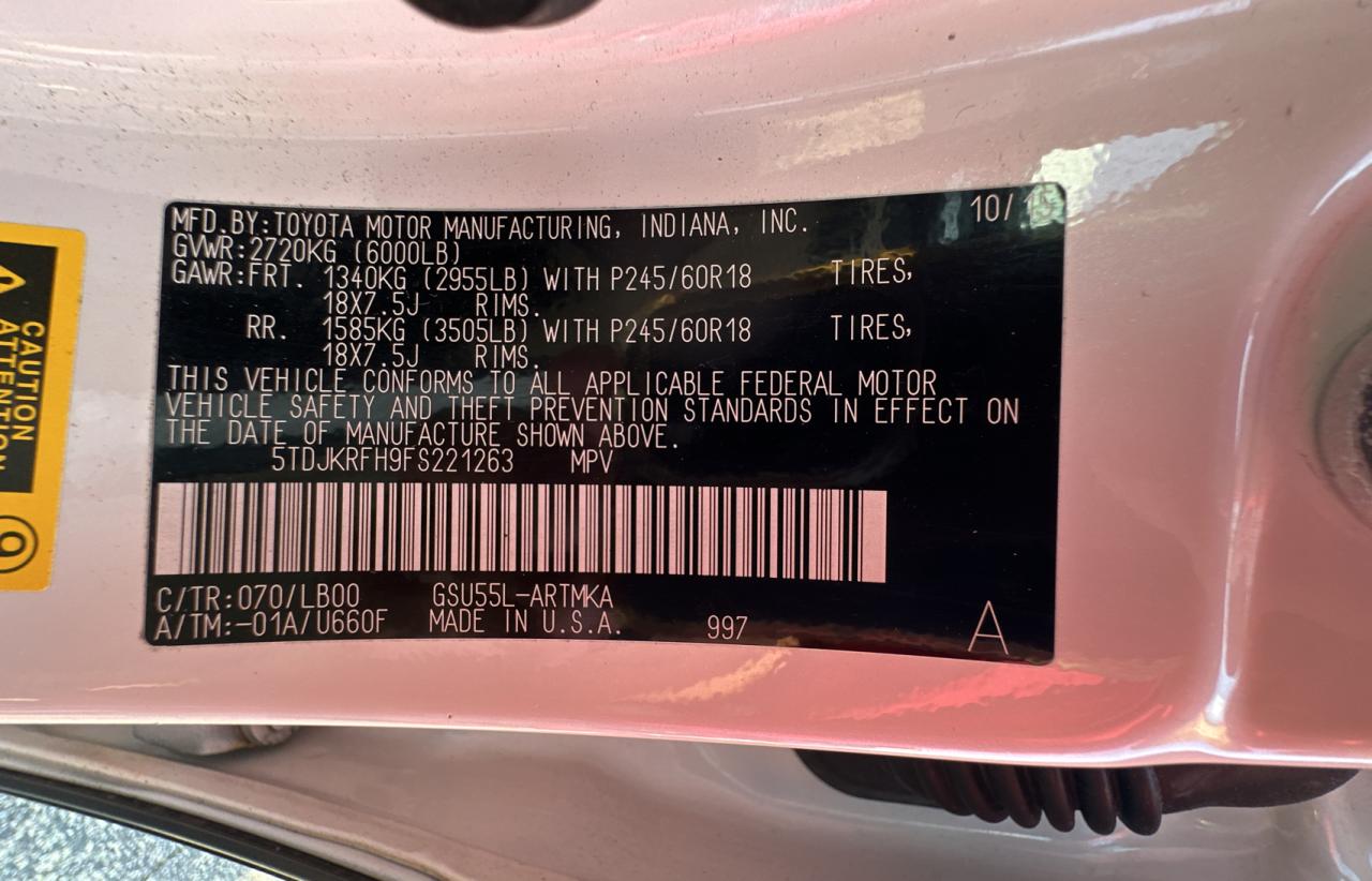 2015 Toyota Highlander Xle VIN: 5TDJKRFH9FS221263 Lot: 67855254