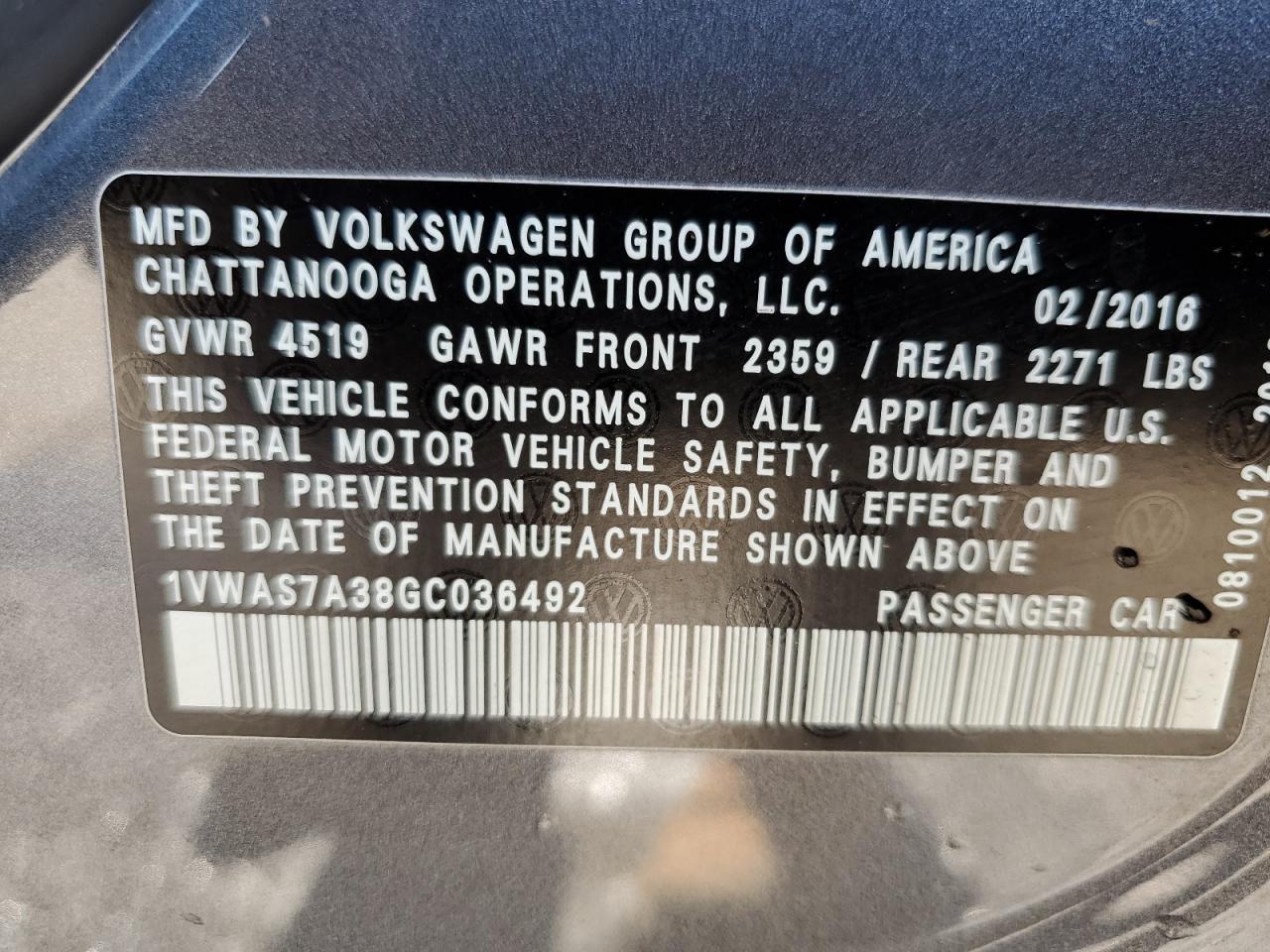 1VWAS7A38GC036492 2016 VOLKSWAGEN PASSAT - Image 13