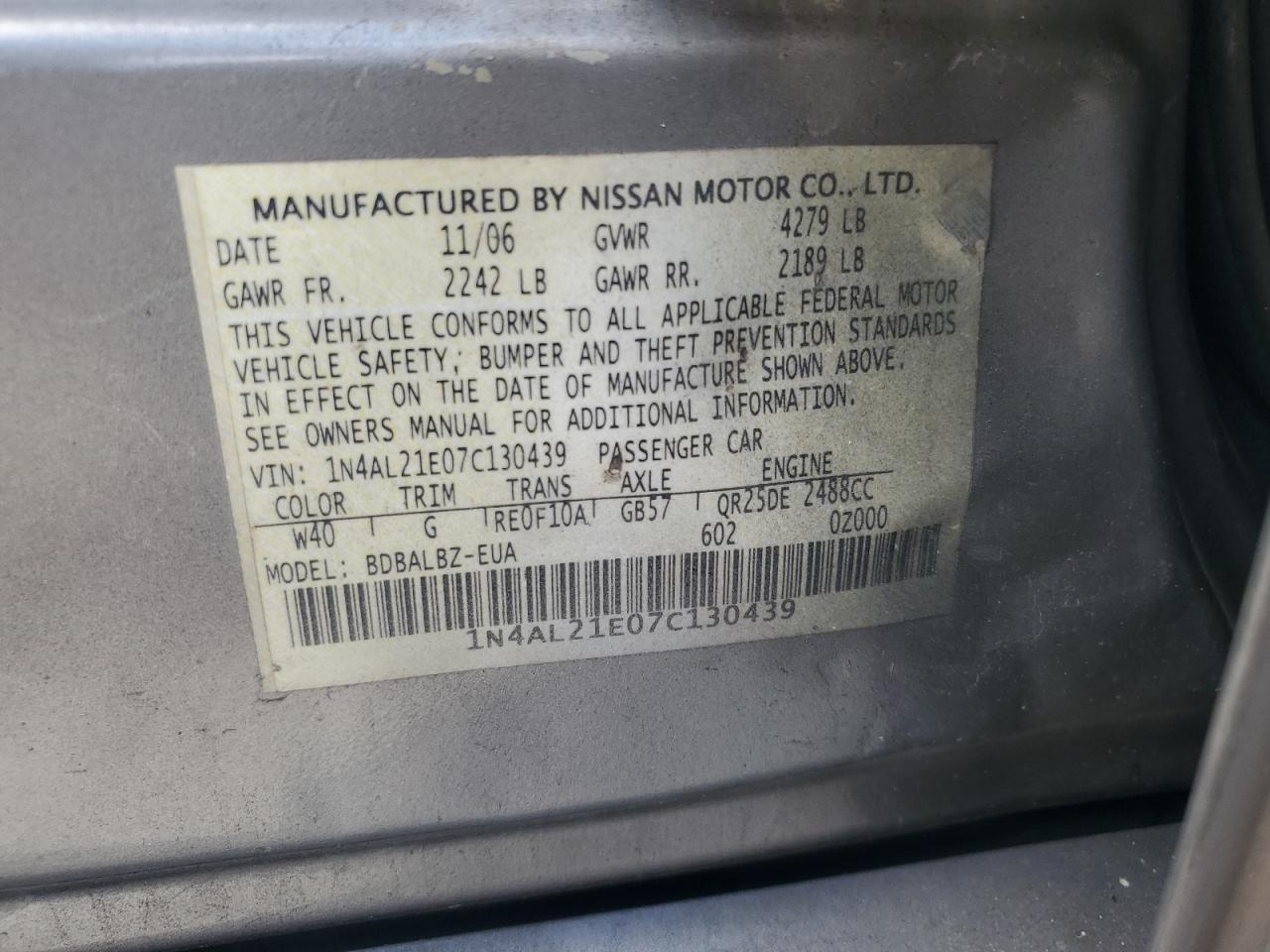 2007 Nissan Altima 2.5 VIN: 1N4AL21E07C130439 Lot: 68815484