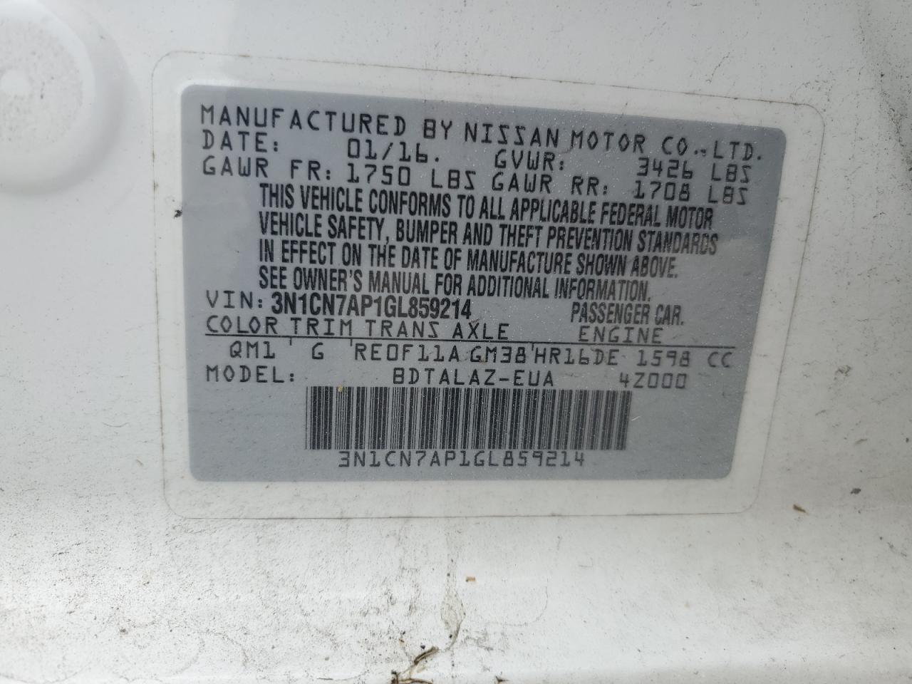 3N1CN7AP1GL859214 2016 Nissan Versa S