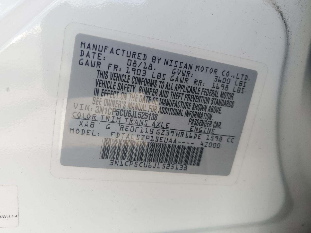 3N1CP5CU6JL525138 2018 Nissan Kicks S