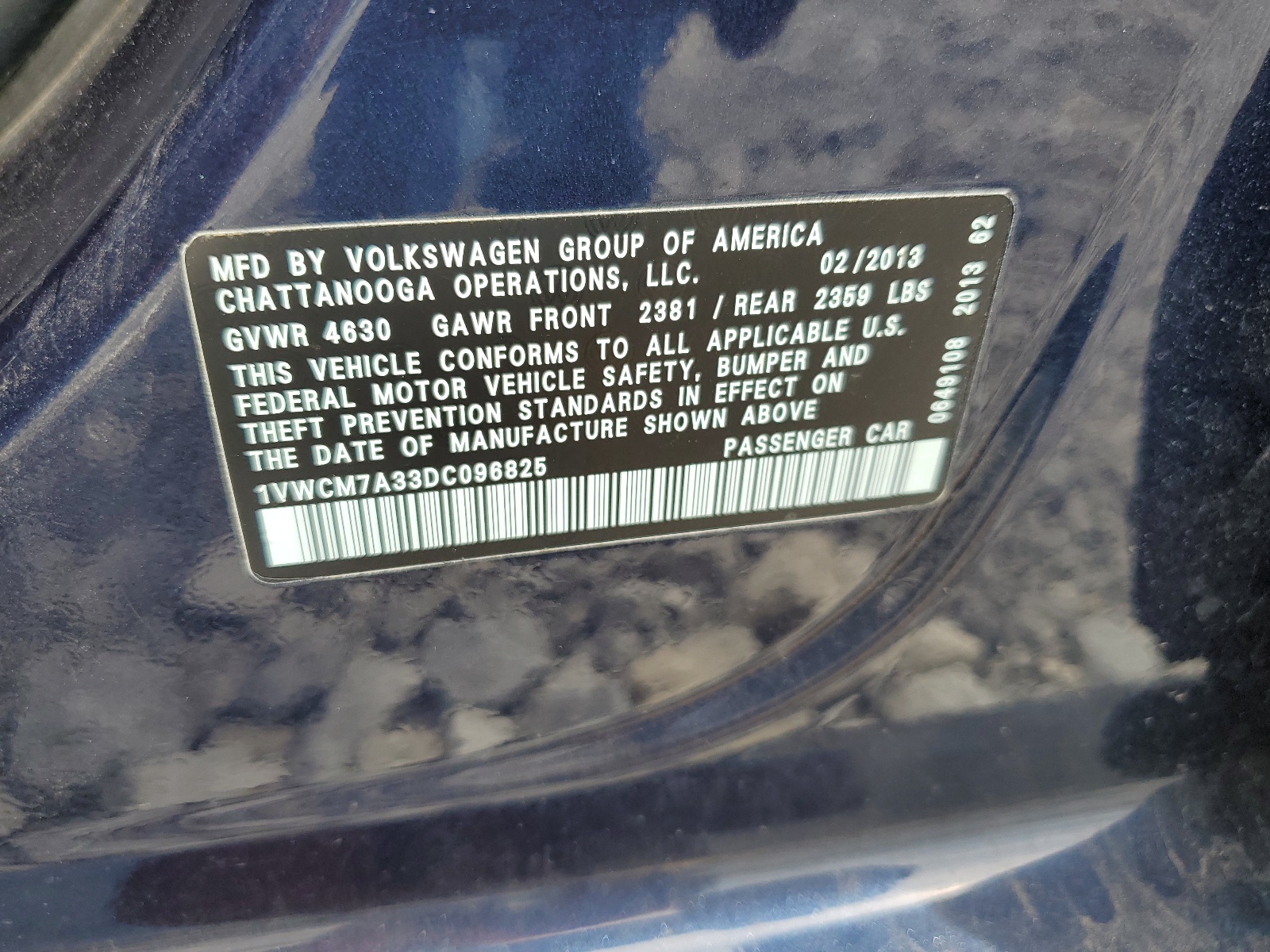 1VWCM7A33DC096825 2013 Volkswagen Passat Sel